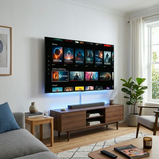Smart TV em ambiente residencial representando uso de IPTV para sala e entretenimento doméstico