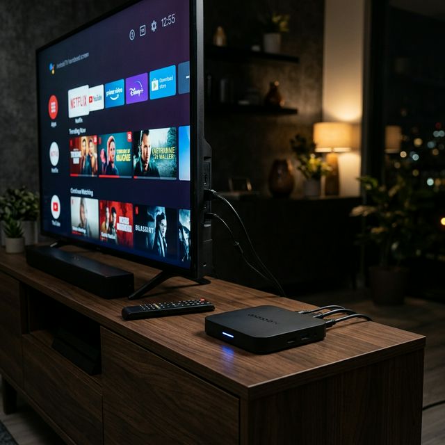 Dispositivo TV Box conectado para demonstrar IPTV em aparelhos dedicados de streaming